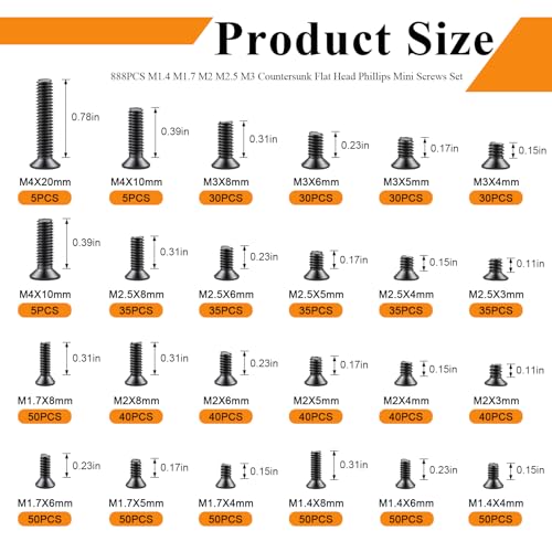24Sizes 888Pcs Tiny Micro Laptop Computer Screw Kit M1.4/M1.7/M2/M2.5/M3/M4 Countersunk Flat Head Phillips Mini Repair Screws Set for Machinery, Furniture, Automotive, Motorcycle