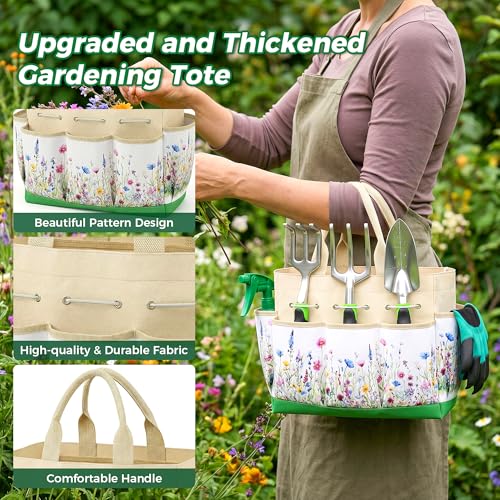 Gardening Tools 10-Piece, Heavy Duty Garden Tool Set with Fashion and Durable Garden Tools Organizer Handbag, Rust-Proof Gardening Hand Tools Weeding Kit, Ideal Gardening Gifts for Women Green