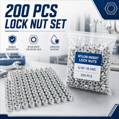 200 Pcs 5/16"-18 Nylon Insert Hex Lock Nuts, Carbon Steel Bulk