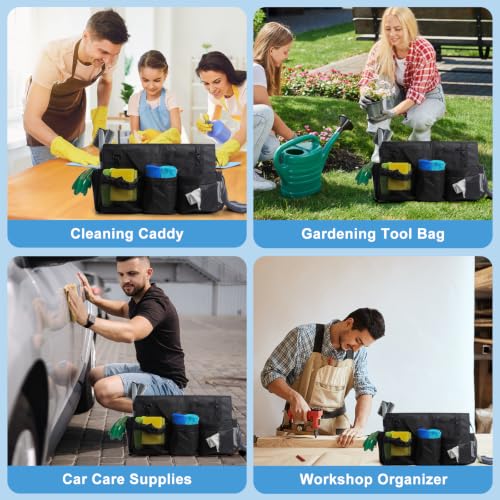 Large Wearable Cleaning Caddy Bags, Cleaning Supplies Organizer with Adjustable Shoulder Straps & Divider, 14 inch Black Tool Bag for Housekeepers & Cleaners Large