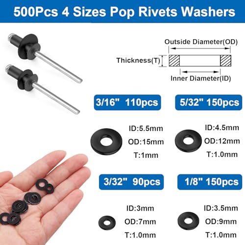 smseace 1000Pcs Pop Rivets with Washers Assortment Kit-14-Sizes SAE Black Rivets for Metal 3/32,1/8,5/32,3/16Inch 4-Sizes 304 Stainless Steel Washers for Metal, Furniture, Automotive, Instruments Black Aluminum 1000Pcs 14-Sizes