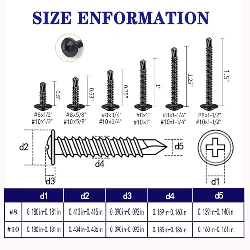 500PCS 410SS Sheet Metal Self-Drilling Screws Phillips #8#10 Assortment #8 #10X1/2" to #8 #10X1-1/2'' suit BLACK