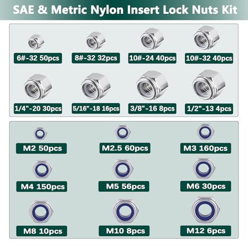 SAE & Metric Nylon Insert Lock Nuts Kit (750Pcs), Lock Nuts Assortment Kit SAE & Metric 750PCS
