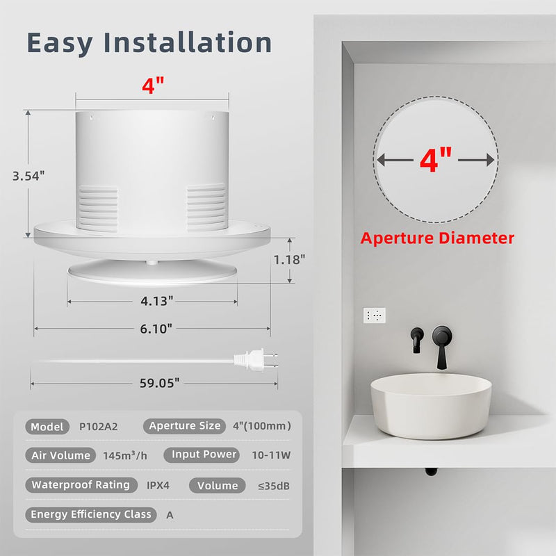 4 Inch Bathroom Exhaust Fan with Switch, Upgraded Exhaust Fan Low Noise IPX4 Waterproof 2600RPM Household Ventilation Fans, Window Ceiling Wall Mount Vent Fan for Attic Basement Garage Washroom P102A2 Bathroom Exhaust Fan with Switch P102A2 White