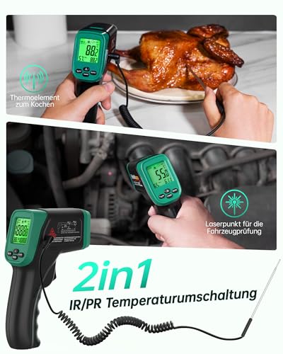 ERICKHILL Infrared Thermometer -50°C to 800°C, Non-Contact Digital Laser Thermometer with -50°C to 300°C Meat Probe, Adjustable Emissivity - Suitable for Cooking/Grilling/Freezing