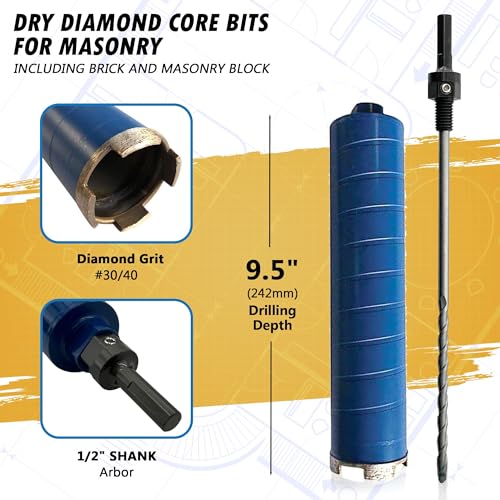 2-1/2" Dry Diamond Core Drill Bits for Brick and Block with 1/2" Shank Pilot Bit Adapter, 9.5" Drilling Depth, 5/8"-11 Arbor 2-1/2 in 9.5" Drill Depth - Dry