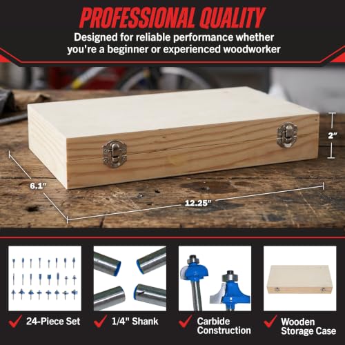 24-Piece Router Bit Set - Wood Routers Kit with 0.25-Inch Shank and Wooden Storage Case - Woodworking Tools for Home Improvements and DIY by Stalwart