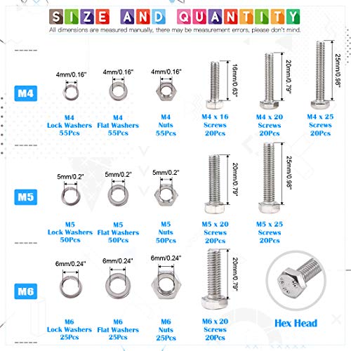 Glarks 510Pcs Flat Hex Stainless Steel Screws Bolts Nuts Lock and Flat Washers Assortment Kit +510Pcs M3 M4 M5 304 Stainless Steel Flat Head Countersunk Socket Cap Bolts Screws Nuts Assortment Kit