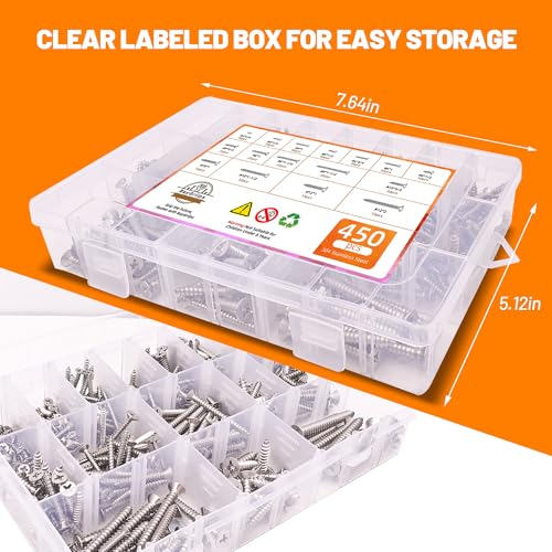 450-Piece Stainless Steel Wood & Sheet Metal Screw Assortment – #4 to #12 Phillips Flat Head Self-Tapping Screws (1/4" to 2") 450PCS Silver