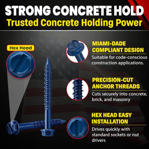 Hex Head Concrete Screw Anchor (1/4 x 2-1/4") 100 Pieces with Drill Bit (Miami-Dade Compliant) Chenango Supply