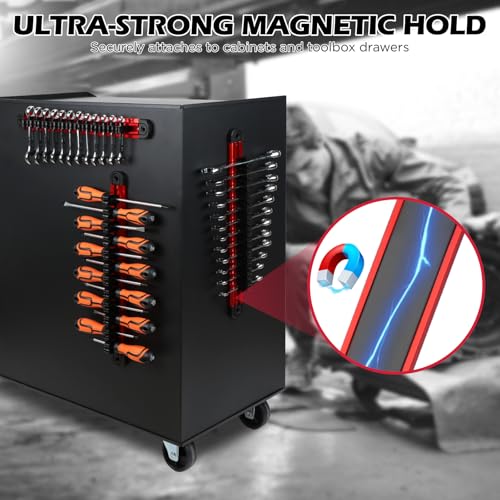 3-Piece Magnetic Screwdriver Organizer and Wrench Organizer, 42-Slot Screwdriver and Wrench Holder, Magnetic Aluminum Rail Tool Organizer for Tool Box Drawer Wall-Mount Storage,Red(Tools not Included) 3-Pack Red (42-Slot) Pro Set