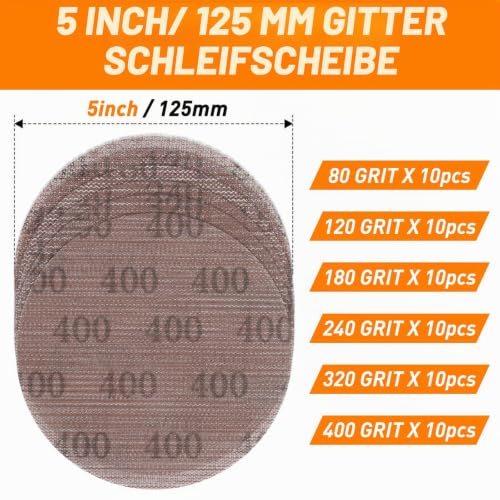 Pack of 60 Sanding Sheets 125mm 80 120 180 240 320 400 Grit Sanding Net Sandpaper 125mm for Random Orbital Sander Grit 80 120 180 240 320 400 125MM