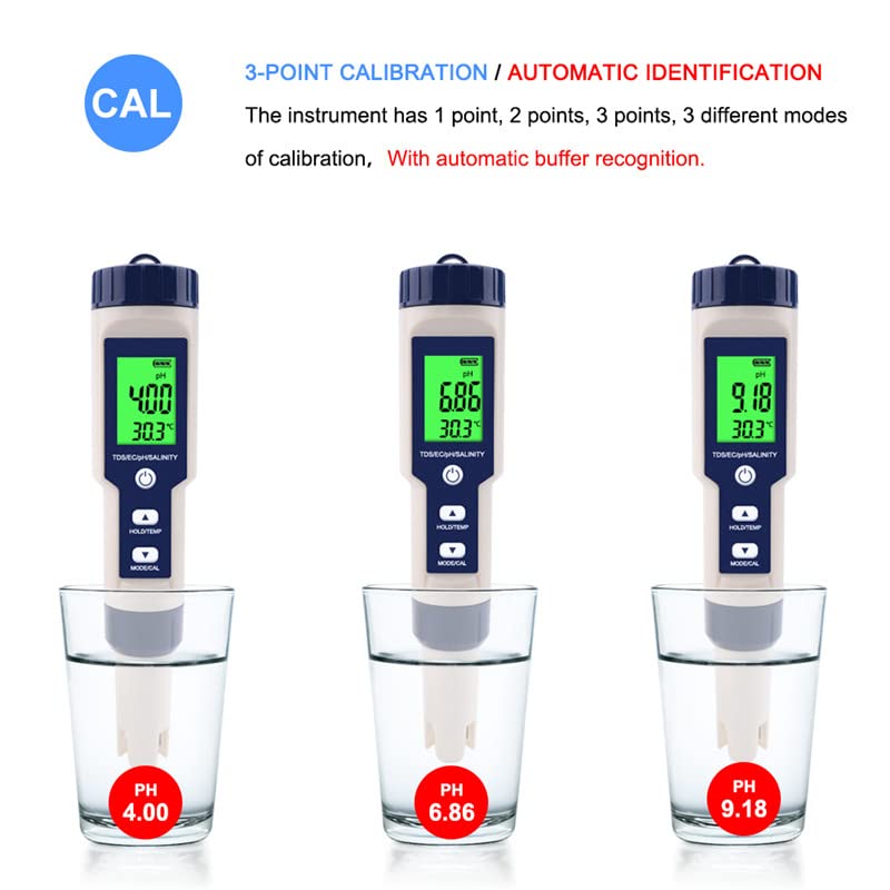 5 in 1 PH Meter Gomass 0.01 High Accuracy ph Tester Digital for Water TDS/EC/Salt/Temp/PH Pen, PPM Meter Water Tester Drinking Water, Hydroponics, Plants, Aquarium and Pool blue