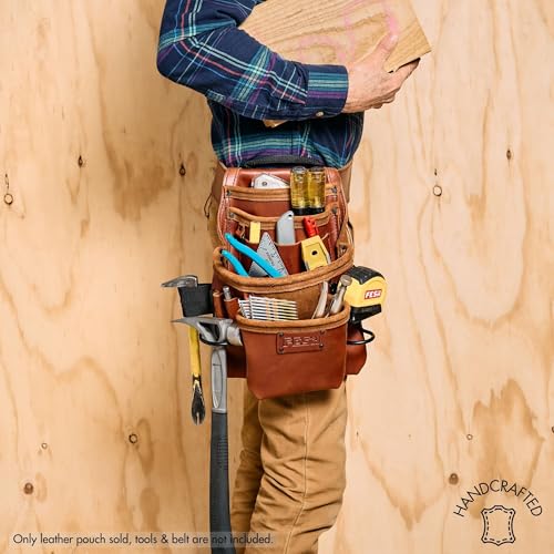 FESA Leather Carpenter Tool Pouch - 10-Pocket Heavy Top Grain Leather Carpenter Pouch with 2 Hammer Loops, Tape Clip, Large & Small Pockets - Fits Work Belts up to 3" - Handcrafted Cherry