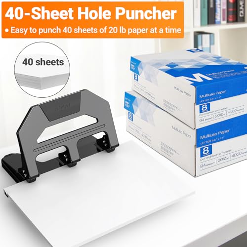 AFMAT Heavy Duty 3 Hole Puncher, 40-Sheet Paper Punch Heavy Duty, 50% Reduced Effort Three Hole Punch, 10K+ Uses, Metal Hole Puncher 3 Ring w/Large Tray, Bulit-in S.S. Paper Guide HPX2(Black) Black 40-Sheet Capacity