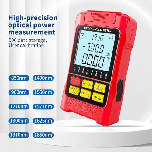 Portable 5-in-1 Fiber Optic Cable Tester with Optical Power Meter, Cable Finder, Visual Fault Locator & RJ45 Network Cable Test, SC/FC/ST Universal Interface with LC Adapter Red