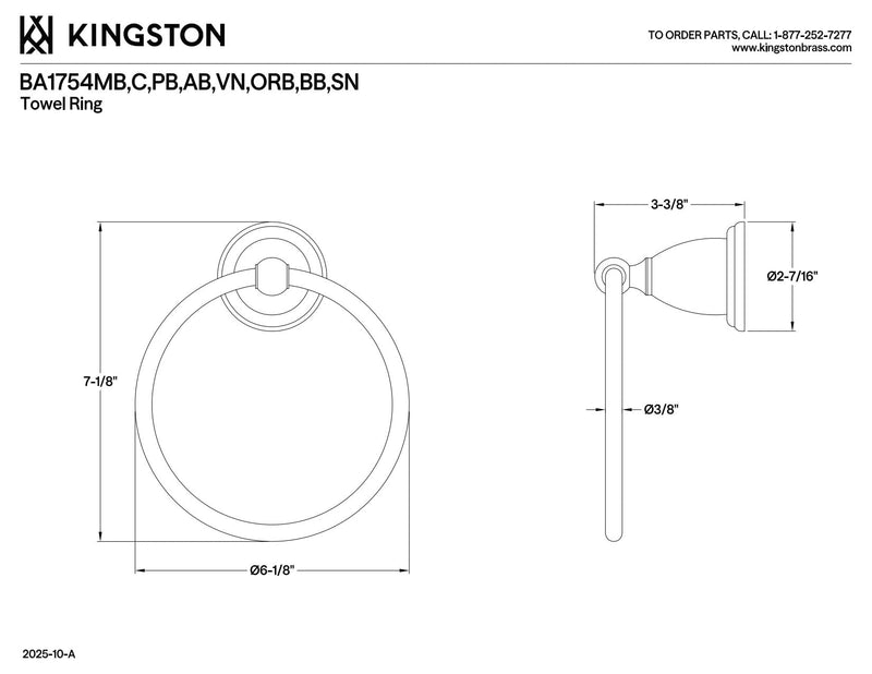 Kingston Brass BA1754PB Heritage Towel-Ring, 7-3/4" Length, Polished Brass