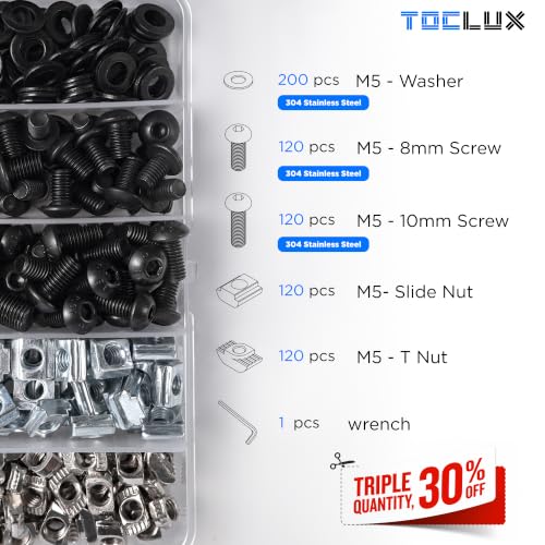 680 pcs 20 Series Aluminum Extrusion Black M5 T-Nut and Screw Kit – Sliding & Drop-in T-Nuts, M5x8mm & M5x10mm Screws, Washers – for 6mm T-Slot Accessories Extruded Aluminum Hardware 680 pcs 20 Series M5 Black