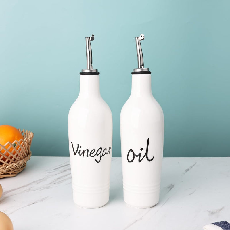 HAOTOP Farmhouse Ceramic Oil and Vinegar Dispenser Bottle Set, Perfect for Storage of Oil and Vinegar,13 oz (White) White