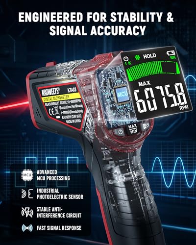 KAIWEETS Laser Tachometer Digital RPM Meter Non Contact Motor Speed Tester 10-99999 RPM, Handheld Tachometer with Large LCD Display, Max Min Memory, Reflective Tape for Engines Motors Fans