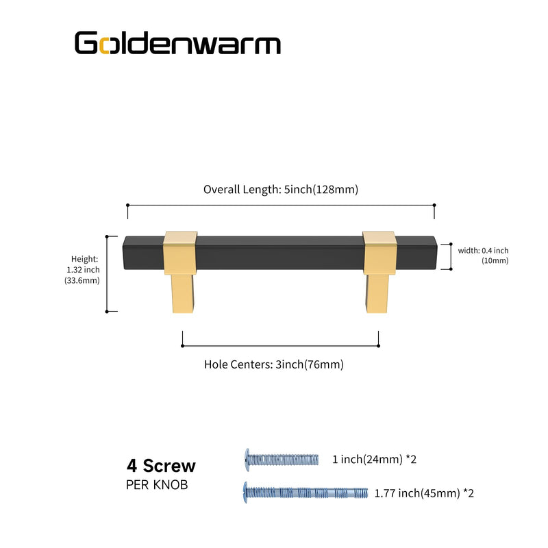 Goldenwarm 5 Pack Cabinet Handles Black and Gold Cabinet Pulls 3 Inch Hole Center Drawer Pulls Modern Bar Dresser Handles for Bathroom Kitchen Bedroom, Zinc Alloy 3” Hole Center Black+Gold