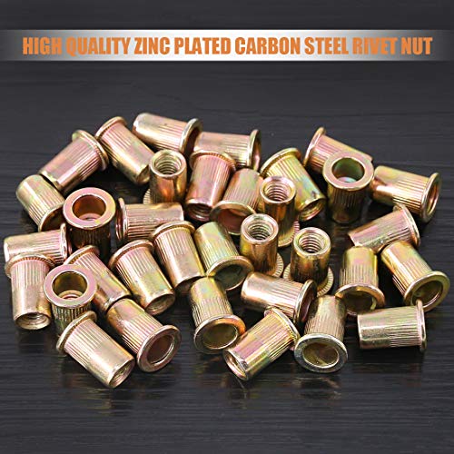 Keadic 200Pcs M6 Metric Zinc Stainless Steel Plated Carbon Steel Rivet Nut Flat Head Threaded Insert Nutsert Kit for Automotive, Furniture, Decoration