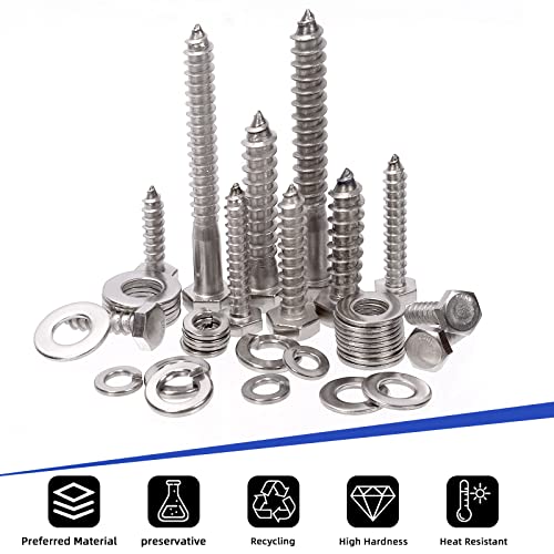 Glarks 201Pcs 1/4" 5/16" 3/8" 304 Stainless Steel Hex Lag Screws Assortment Kit Hex Lag Bolts with Flat Washers and Lock Washers Set for Fixing Metal, Wood, Plastic Materials 1/4"+5/16"+3/8" Lag Screws Set