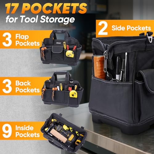 TICONN 1680D Oxford Tool Pouches with Zipper (6 Pack Combo) & Heavy Duty Tool Bag with Multi-Pockets (16" MoldedBase)