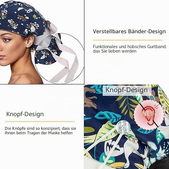 6 x Women's Surgical Caps with Satin Lining, Adjustable Fabric with Button | Ponytail Work Cap with Sweatband Hoods, Cotton Print Surgical, Chef's Hat, Dust Caps Cap, One Size