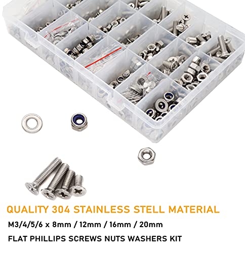 1020pcs M3 M4 M5 M6 Flat Phillips Countersunk Head Machine Screws Bolts Nuts Washers Assortment Kit, 304 Stainless Steel, Silver Tone M3 M4 M5 M6 1020pcs (Countersunk Head-304)