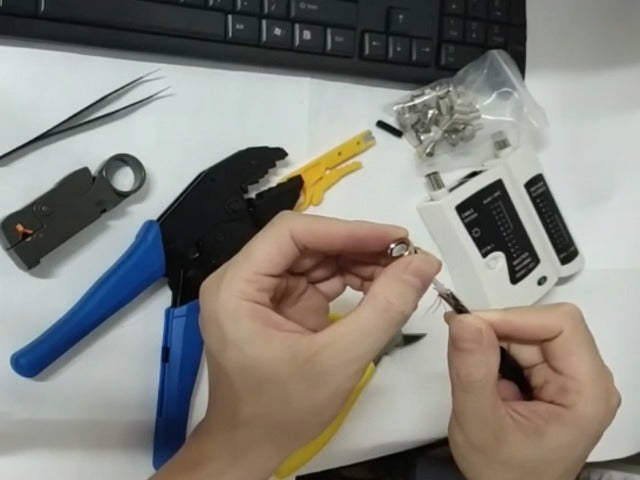 Coax cable crimper kit,BNC Crimping tool for RG58, RG59, RG62,10PCS RG58&RG59 BNC Male Crimp Connectors,10PCS BNC Female to Female Connectors,Cable Stripper, Heat Shrink Tube Coaxial Tester