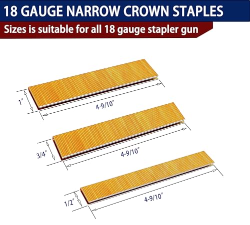 HW HAMWOO 18 Gauge 1/4" Narrow Crown Staples,1/2",3/4",1":3000pcs 3Sizes(1/2",3/4",1")--3000pcs
