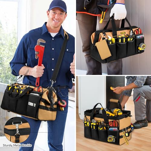 27 Pockets Tool Bags for Men,16-Inch Heavy Duty Tool Bag,Large Toolbag Tool Box Organizer,Portable Toolbox Tools Tote Carrying Case for Mechanic,Electrician,Father Day Gifts for Him Dad Men,Brown 16 Inch Black+Brown