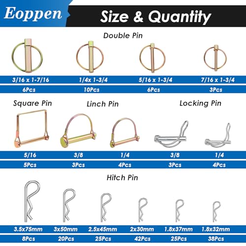 202Pcs Hitch Pins Clip Pins Linch Pins PTO Pins and Shaft Locking Pins Assortment Kit 5 Styles Pin Fasteners for Trailers, Tractors, Trucks, Lawn Mower