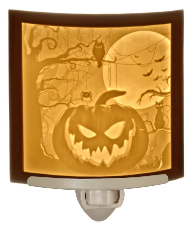 The Porcelain Garden Halloween Pumpkin Lithophane Night Light, Etched Porcelain, Wall Plug in for Kitchen, Bath, Hallway Fall Themed Accent Light