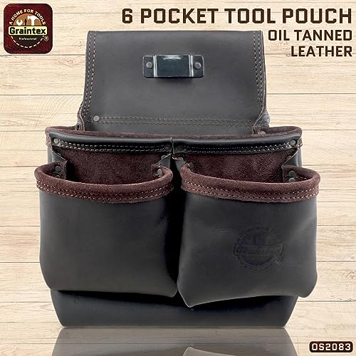 Graintex OS2083 6 Pocket Nail & Tool Pouch Top Grain Oil Tanned Leather for Framers, Constructors, Electricians, Plumbers, Handyman Black