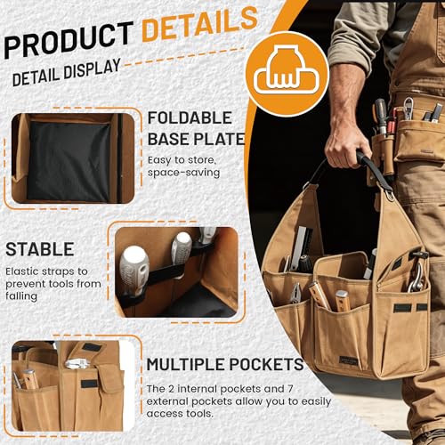 Tool Bag, 13.8-inch Heavy Duty Wide Mouth Water-Resistant Waxed Canvas Garden Bag with Reinforced Bottom for Tools, Wrenches, Screwdrivers | Khaki