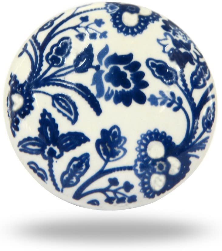 TRINCA-FERRO Set of 6 Ceramic Round Handmade White and Blue Floral Knob for Cabinets Dresser Drawers Laundry Room Closet Doors Knobs for Interior/Exterior | Office | Bedroom | Bathroom | Kitchen | Beckenham