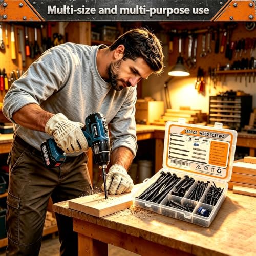 160PCS Wood Screws Set,Manganese Steel Torx Head Self Tapping Wood Screws Assortment Kit with T20/T25/T30 Star Bits & Magnetic Screw Ring,6 Sizes 1-1/2" to 6" for Woodworking,Furniture Repair
