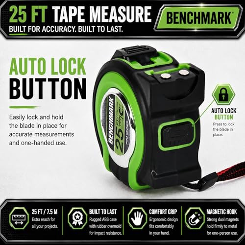 3 Pack - Tape Measures 25 ft - Easy to Read Fractions to 1/8th inch - Magnetic Tip - Thumb and Quick Lock - Autowind - Belt Clip - Green - Measuring Tape Retractable 3