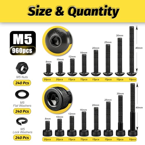 KADRICK 960PCS M5 Screws Assortment,Hex Socket Button & Cap Head M5 Bolts M5 960Pcs 8-40mm