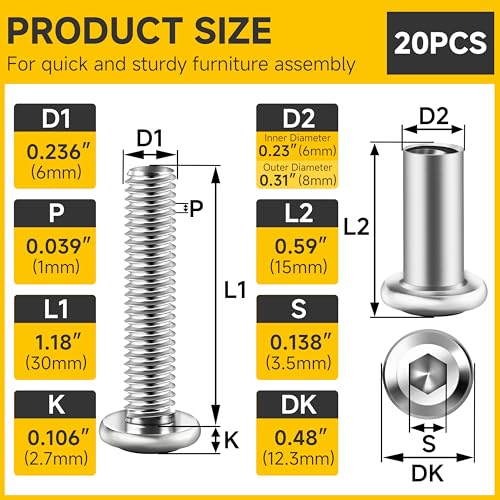 Mywish 10Sets M6 x 30mm Flat Head Hex Socket Cap Screws Bolts and Barrel Nuts Kit & 224Pcs M6 Bolt x 12/16/20/25/30mm, M6x1.0 Bolt, Flanged Hex Head Bolts with Flange Nuts Washers, 304 Stainless Steel