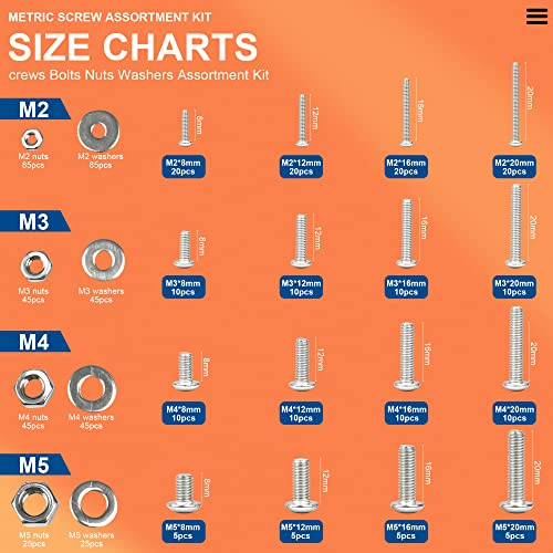 NINDEJIN M2 M3 M4 M5 Stainless Steel Hex Socket Head Cap Screw Machine Screws Bolts & Flat Washers & Nuts Assortment Kit with Allen Key(Socket Head + Round Head)