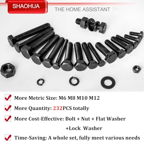 M6 M8 M10 M12 Metric Bolts and Nuts Assortment Kit 16MM to 60MM Grade 8 Hex Head Nuts Bolts Washers Assortment 15 Metric Sizes Nuts and Bolts Assortment Kit with Storage Case, 232PCS, Black Black- 232PCS M6 M8 M10 M12