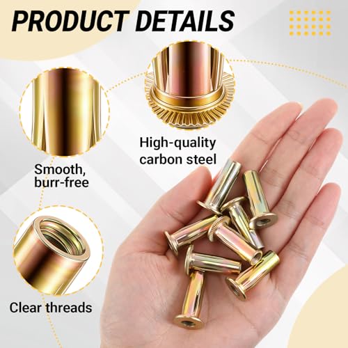 100 Pcs 1/4-20 Rivet Nuts, Multi Grip Threaded Insert Nut Kit, Zinc Plated Steel Flat Head Nutserts for Sheet Metal, Automotive, DIY Repair 100