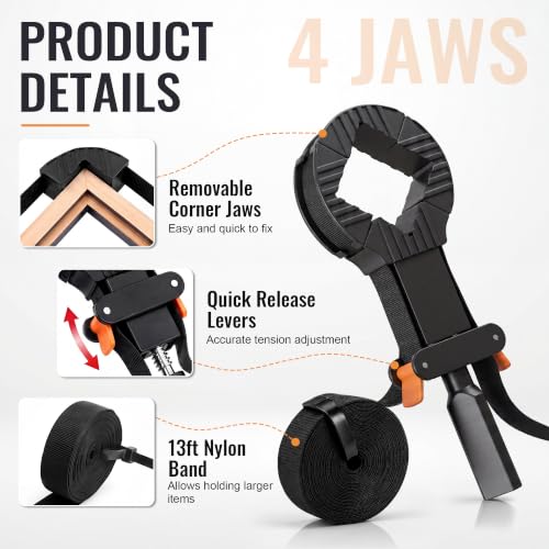 4 Pcs Band Clamp, 13FT Strap Clamps for Woodworking with 4 Corner Claws Black