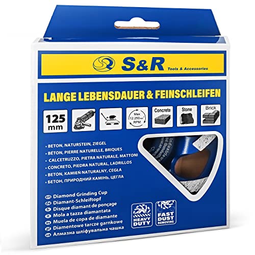 S&R Diamond Cup Wheel 125 mm - Cup Grinder for Concrete, Natural Stone, Granite, Brick, Masonry and More, Suitable for Angle Grinders with 22.23 mm Bore