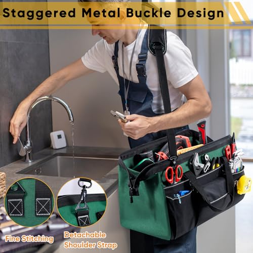 Large Heavy Duty Tool Bag for Men – 17" Toolbox Organizer with 22 Pockets & Wrench Holder – Wide Mouth Tool Tote with Anti-Slip Base – Gift for Handyman, Mechanic, Father's Day Large - 17” Green