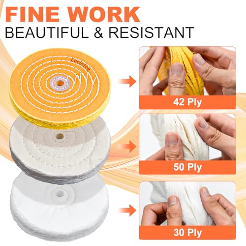 8 Pack 6 Inch Polishing Wheel for Bench Grinder, Include 1/2" Arbor Hole 2 Yellow Cotton(42Ply), 2 White Cotton Polish Wheels(50Ply), 1 Soft Flannel Buffing Wheel(30Ply)& 3 Polishing Compound 6"buffing wheel