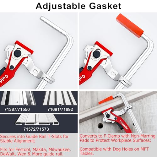 2 Pack Track Saw Clamps for Guide Rail – Heavy Duty Quick Release Ratchet Clamp Set, Compatible with Festool, Makita, Dewalt, Table Saw Hold Down, T Track Woodworking Clamps with Non-Marring Pads Red